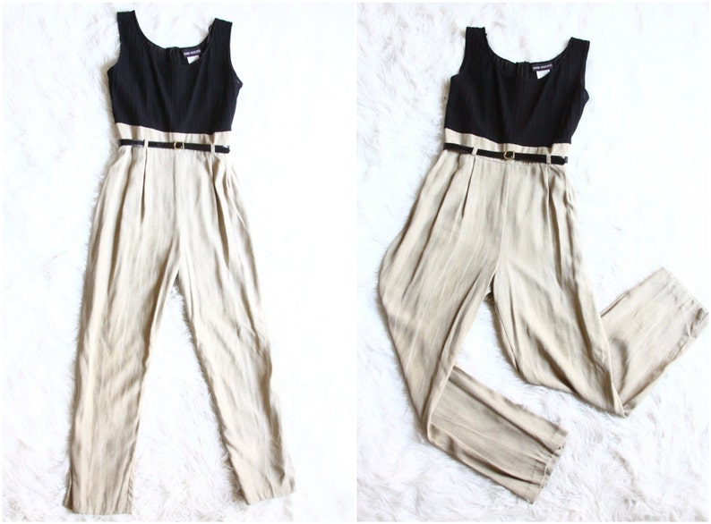 90s jumpsuit beige and black minimalist romper skinny leg trousers onesie overalls medium size 6 image 3