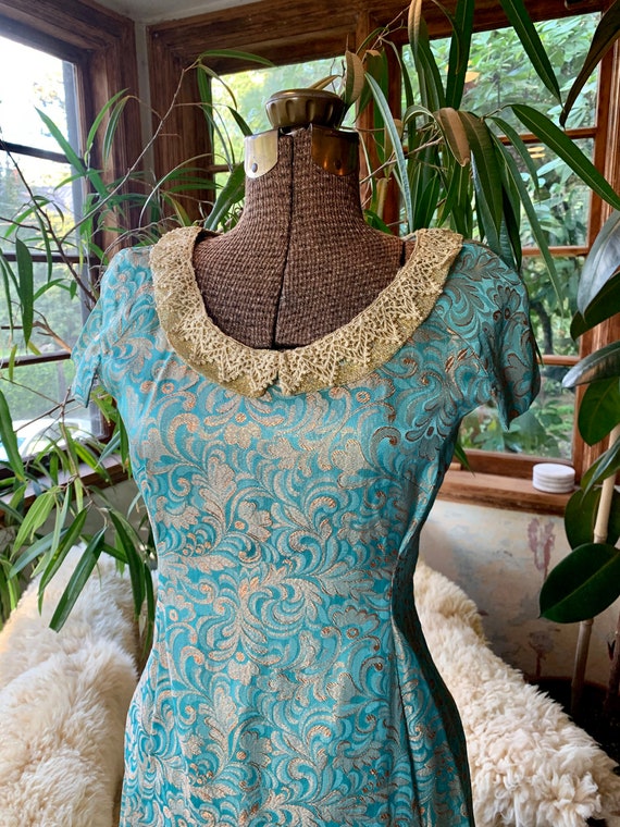 60s turquoise and gold silk brocade dress - vinta… - image 5