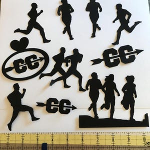 May include: Black and white silhouette cutouts of runners, arrows, and the letters "CC" in a circle. The cutouts are on a white background.
