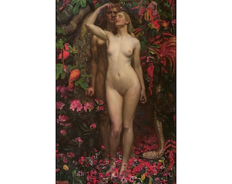 John Byam Liston Shaw: Adam en Eva met de slang (1877) - giclee Fine Art-print