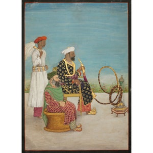 May include: A painting depicting three men in traditional Indian clothing. The man in the center is seated on a throne and holding a long pipe. The man on the left is standing and holding a fan. The man on the right is seated on a stool and holding a hookah.