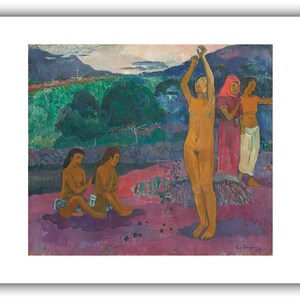 May include: A painting of five figures in a landscape setting. The figures are nude and wearing clothing. The background is a lush green forest with a blue sky and white clouds. The painting is done in a style that is reminiscent of Paul Gauguin.