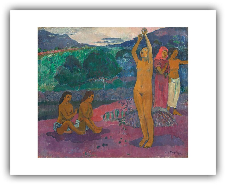 May include: A painting of five figures in a landscape setting. The figures are nude and wearing clothing. The background is a lush green forest with a blue sky and white clouds. The painting is done in a style that is reminiscent of Paul Gauguin.