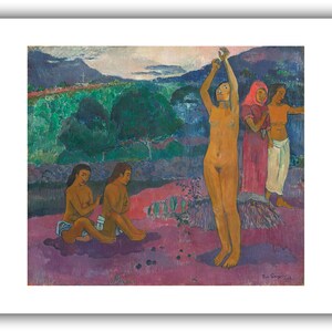 May include: A painting depicting four figures in a landscape setting. The figures are nude and have dark skin. The landscape is lush and green with a distant mountain range. The painting is done in a style reminiscent of Paul Gauguin.