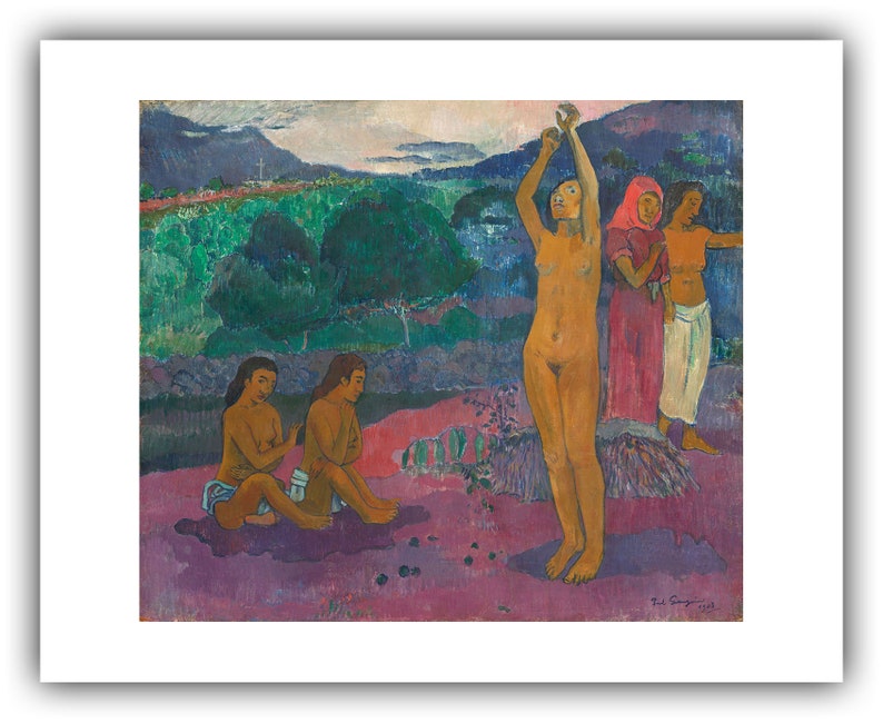 May include: A painting depicting four figures in a landscape setting. The figures are nude and have dark skin. The landscape is lush and green with a distant mountain range. The painting is done in a style reminiscent of Paul Gauguin.
