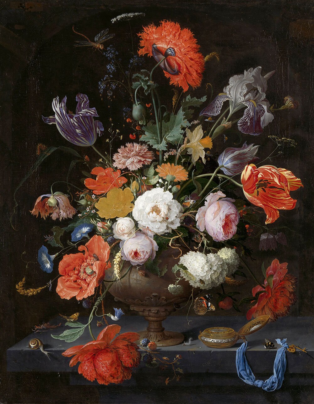 アブラハム・ミニョン：花と時計のある静物画（1660年頃 - 1679年頃