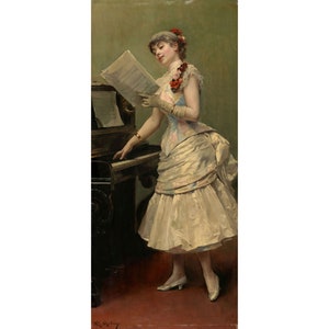 May include: A woman in a white dress with floral accents stands at a piano, reading sheet music. She is wearing white gloves and a red flower in her hair. The piano is dark wood with a gold trim.
