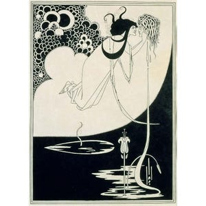 Peut inclure: Une illustration en noir et blanc de deux personnages, l'un avec de longs cheveux et une couronne, l'autre avec une longue robe flottante, debout devant un fond noir avec une forme de cœur blanche et un lys.