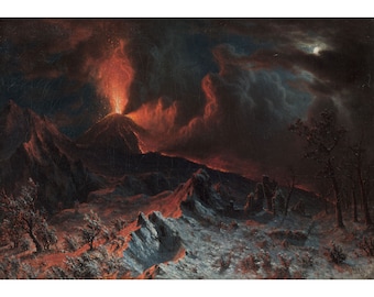 May include: A painting depicting a volcanic eruption at night. The volcano is spewing lava and ash into the dark sky, with a bright moon shining in the distance. The foreground shows a snowy landscape with rocky outcroppings.