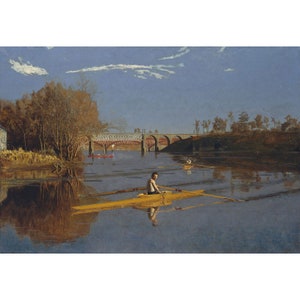 May include: A single person rows a yellow boat on a calm river. The river is surrounded by trees and a bridge in the distance. The sky is blue with white clouds.