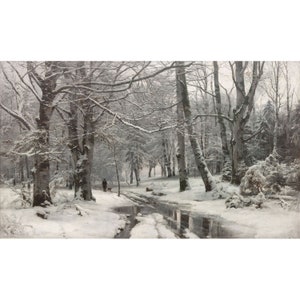 May include: A snowy forest scene with a path leading through the trees. A person and a dog walk along the path, which is covered in snow. The trees are bare and covered in snow, and the ground is covered in a thick layer of snow.