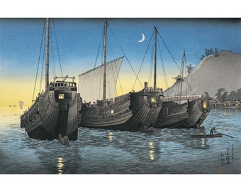 Takahashi Shotei: Juncos anclados en la bahía de Inatori, península de Izu, bajo la luz de la luna (1926) - Impresión artística giclée