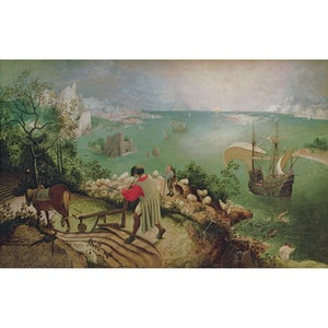 May include: A painting depicting a landscape with a city in the distance, a ship sailing on a body of water, and two figures in the foreground. The figures are walking along a path with a horse and cart. The painting is in a muted color palette with shades of green, blue, and brown.
