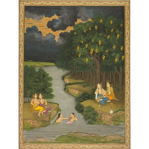 Art indien : femmes profitant de la rivière à la lisière de la forêt (vers 1765) - Impression giclée d'art