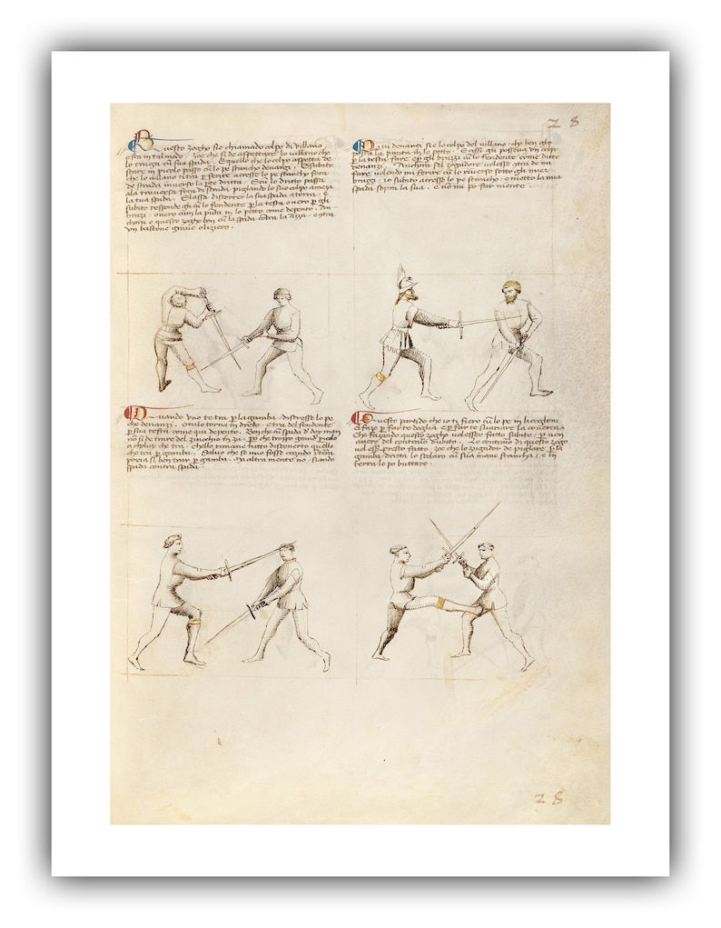 Fiore dei Liberi : Combat with Sword / Fencing Fol. 26 The Flower of Battle, c.1410 Giclee Fine Art Print 9 x 12 inches