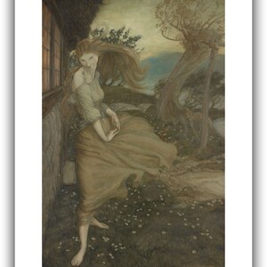 K&ouml;nnte beinhalten: Ein Kunstwerk zeigt eine Frau in einem flie&szlig;enden Kleid, die an einem Cottage steht. Ihr langes Haar weht im Wind. Die Szene spielt in einem Feld mit G&auml;nsebl&uuml;mchen, mit einem Baum und Wasser im Hintergrund. Die Farbpalette ist ged&auml;mpft mit Erdt&ouml;nen.