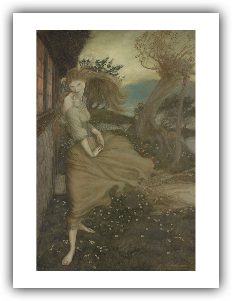 K&ouml;nnte beinhalten: Ein Kunstwerk zeigt eine Frau in einem flie&szlig;enden Kleid, die an einem Cottage steht. Ihr langes Haar weht im Wind. Die Szene spielt in einem Feld mit G&auml;nsebl&uuml;mchen, mit einem Baum und Wasser im Hintergrund. Die Farbpalette ist ged&auml;mpft mit Erdt&ouml;nen.