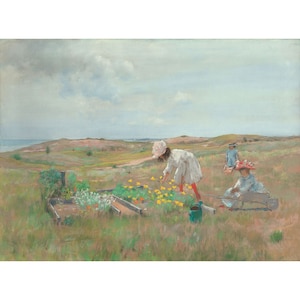 May include: Three girls in a field tending to a garden. The girl in the center is wearing a white dress and a pink hat. She is bending over to plant flowers. The girl on the right is sitting in a wheelbarrow. The girl on the left is walking away from the garden.