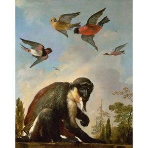 Melchior de Hondecoeter: Mono encadenado en un paisaje (década de 1600) - Impresión de Bellas Artes Giclee
