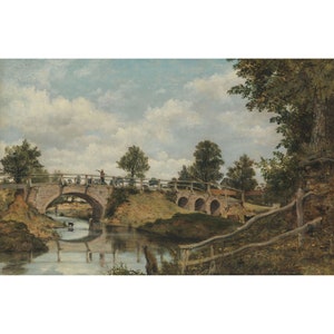 May include: A painting of a stone bridge over a river with a figure standing on the bridge. The river is surrounded by trees and a grassy bank. The sky is cloudy and blue.