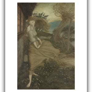 K&ouml;nnte beinhalten: Ein gerahmter Druck einer Frau in einem flie&szlig;enden Kleid, die sich in der N&auml;he eines Fensters und eines Baumes befindet. Das Kunstwerk verwendet ged&auml;mpfte T&ouml;ne von Gr&uuml;n, Braun und Beige, mit langem, flie&szlig;endem Haar und einem ruhigen Ausdruck. Der Hintergrund zeigt ein Blumenfeld.