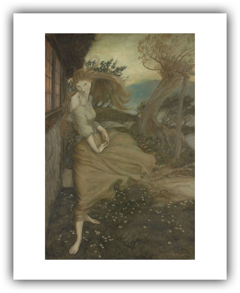 K&ouml;nnte beinhalten: Ein gerahmter Druck einer Frau in einem flie&szlig;enden Kleid, die sich in der N&auml;he eines Fensters und eines Baumes befindet. Das Kunstwerk verwendet ged&auml;mpfte T&ouml;ne von Gr&uuml;n, Braun und Beige, mit langem, flie&szlig;endem Haar und einem ruhigen Ausdruck. Der Hintergrund zeigt ein Blumenfeld.