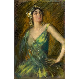May include: A painting of a woman wearing a green dress and a jeweled headpiece. The woman is looking to the left of the painting, and her expression is serious. The background is a dark green and brown.