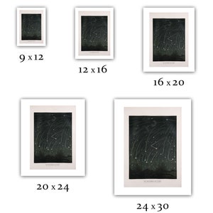 May include: A black and white illustration of the November Meteors, a celestial event with a crescent moon in the sky. The illustration is framed in a white mat and frame.