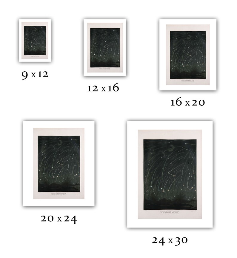 May include: A black and white illustration of the November Meteors, a celestial event with a crescent moon in the sky. The illustration is framed in a white mat and frame.