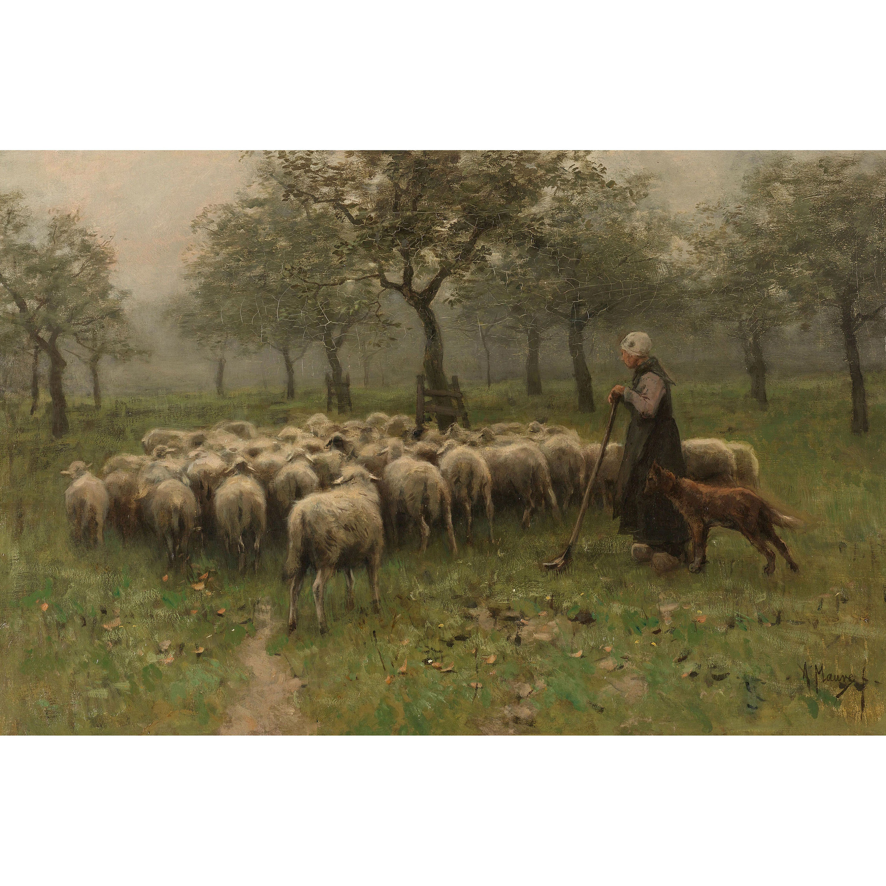 □美品□羊飼いと羊の群れ□アントン・モーヴ□1911年・米国