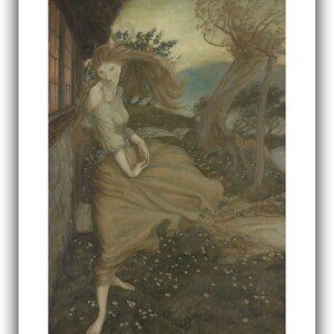 K&ouml;nnte beinhalten: Eine Illustration einer Frau in einem flie&szlig;enden Kleid, die in der N&auml;he eines Fensters steht. Ihr langes Haar weht im Wind. Das Kunstwerk ist in ged&auml;mpften T&ouml;nen von Braun, Gr&uuml;n und Beige gehalten und hat eine vertr&auml;umte, &auml;therische Qualit&auml;t.