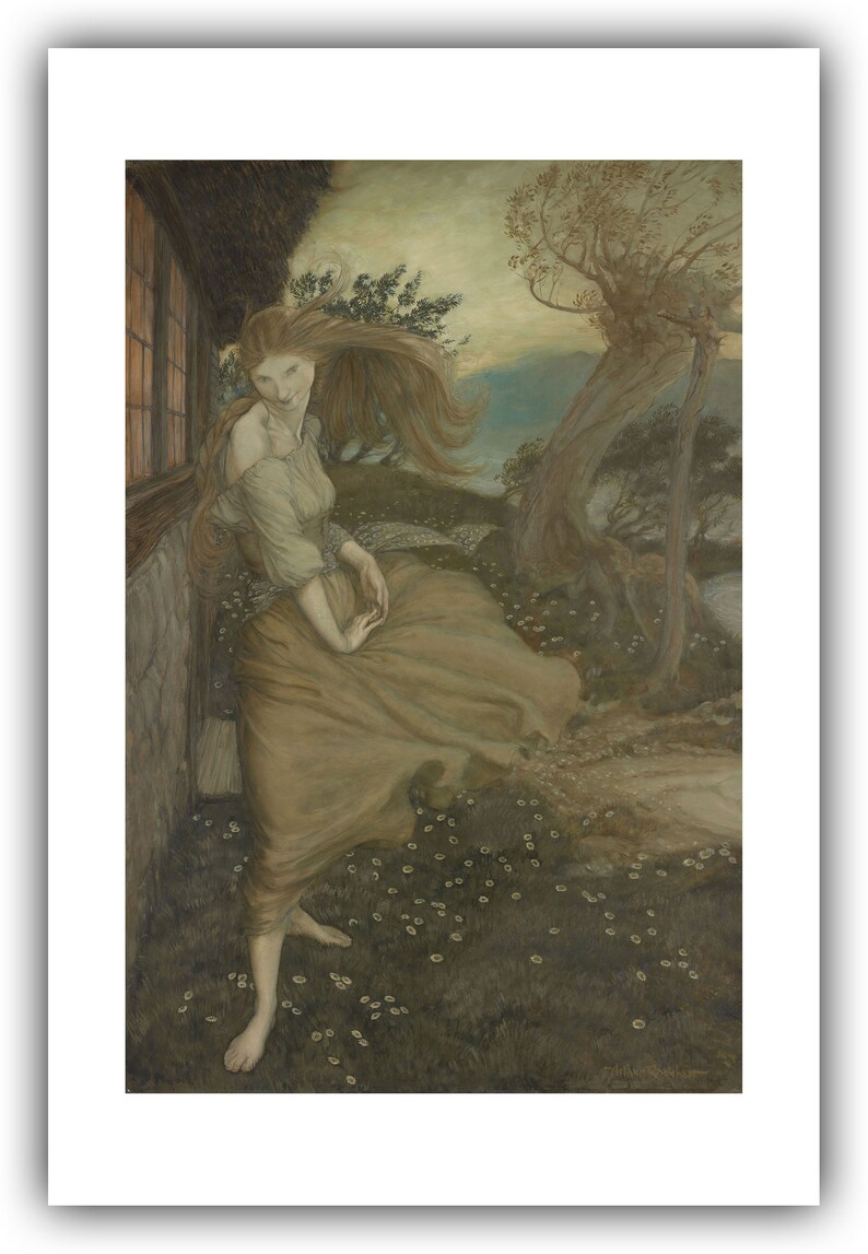 K&ouml;nnte beinhalten: Eine Illustration einer Frau in einem flie&szlig;enden Kleid, die in der N&auml;he eines Fensters steht. Ihr langes Haar weht im Wind. Das Kunstwerk ist in ged&auml;mpften T&ouml;nen von Braun, Gr&uuml;n und Beige gehalten und hat eine vertr&auml;umte, &auml;therische Qualit&auml;t.