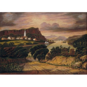 Thomas Chambers Folk Art : Lake George and the Village of Caldwell (mid 19th century) - Giclee Fine Art Print