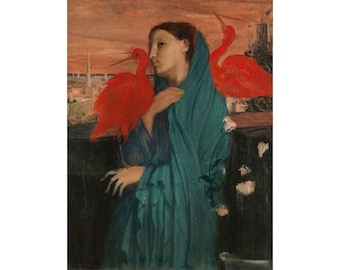 Pode incluir: Uma pintura de uma mulher com uma túnica turquesa com dois pássaros vermelhos empoleirados em seu ombro e uma grade. O fundo é uma cidade com um céu de pôr do sol.