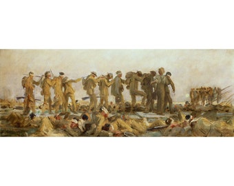 Pode incluir: Uma pintura que retrata um grupo de soldados caminhando por um campo de batalha. Os soldados usam uniformes cáqui e carregam rifles. Em primeiro plano, há muitos soldados deitados no chão, alguns deles parecem estar feridos.