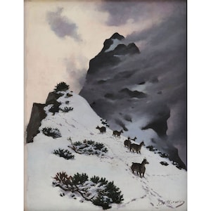 May include: A painting of a snowy mountain scene with a group of brown mountain goats walking up a snow-covered path. The mountain is shrouded in fog and the sky is a pale pink and gray.
