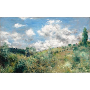 May include: A painting of a landscape with a rolling green hill, lush trees, and a bright blue sky with fluffy white clouds. The painting is done in a loose, impressionistic style.