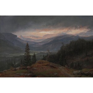 May include: A painting depicting a mountainous landscape with a valley in the distance. The sky is overcast with a hint of pink in the clouds. The foreground features a rocky outcropping with trees and a path leading down to the valley.