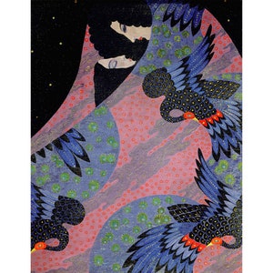 May include: Two women with dark hair and blue eyes are depicted in a stylized art deco design. They are surrounded by a swirling pattern of blue, black, and red birds against a pink and blue background.