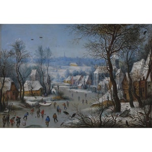 May include: A winter landscape painting depicting a frozen lake with people ice skating. The scene is set in a small village with snow-covered houses and trees. The sky is a pale blue with a few birds flying overhead.