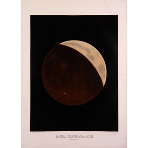 May include: A black and white illustration of a partial eclipse of the moon. The moon is a dark brown color with a sliver of white light on the right side. The text "PARTIAL ECLIPSE of the MOON" is printed below the image.