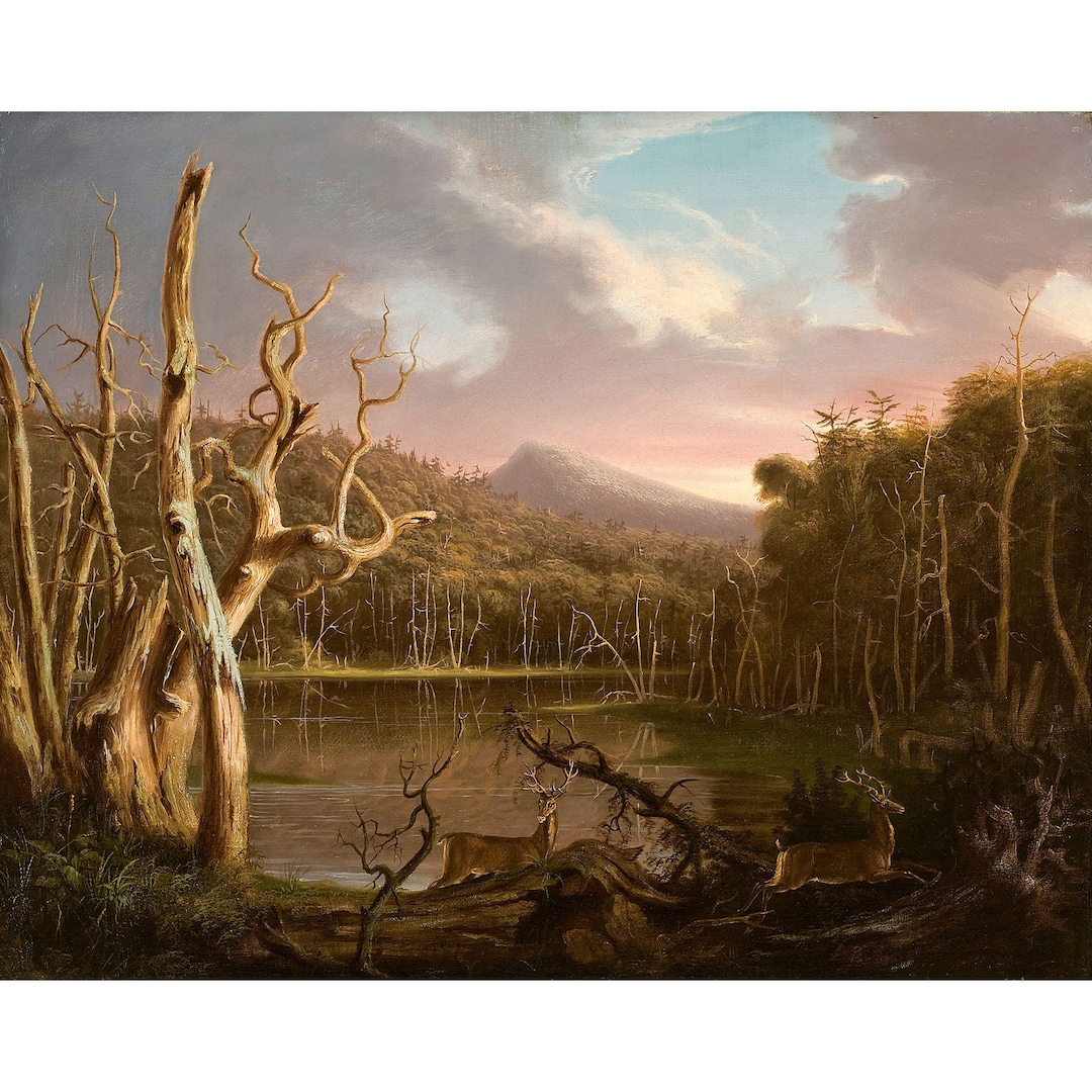 『狩人の帰宅』Tomas Cole作 ★激レア！木製フレーム付！約64×44cm Thomas Cole : Lake With Dead Trees (catskill) (1825) - Giclee Fine