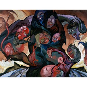 May include: A colorful abstract painting featuring multiple figures with exaggerated features and expressions. The figures are depicted in a chaotic and dynamic composition, with vibrant colors and swirling lines. The painting is set against a background of swirling clouds and a dark, shadowy figure.