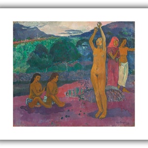 May include: A painting depicting four figures in a landscape setting. The figures are nude and appear to be performing a ritual. The background features a lush green forest and a distant mountain range. The painting is done in a vibrant, impressionistic style with bold colors and brushstrokes.