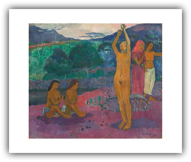 May include: A painting depicting four figures in a landscape setting. The figures are nude and appear to be performing a ritual. The background features a lush green forest and a distant mountain range. The painting is done in a vibrant, impressionistic style with bold colors and brushstrokes.