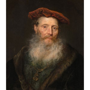 May include: A portrait painting of a man with a long white beard wearing a red beret and a fur-trimmed coat. He is wearing a gold chain with a pendant.