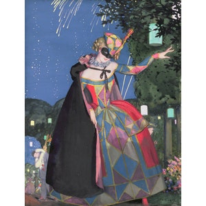 May include: A woman in a colourful costume with a mask and a feathered hat stands in a garden at night. She is surrounded by lanterns and fireworks.