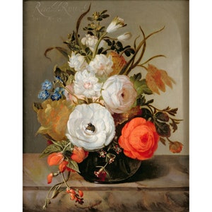 Rachel Ruysch: Naturaleza muerta de flores en un jarrón de cristal (1930) - Impresión artística Giclee