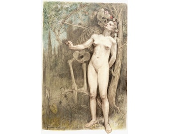 Armand Rassenfosse : Female Nude with Death as a Skeleton (1897) - Giclee Fine Art Print