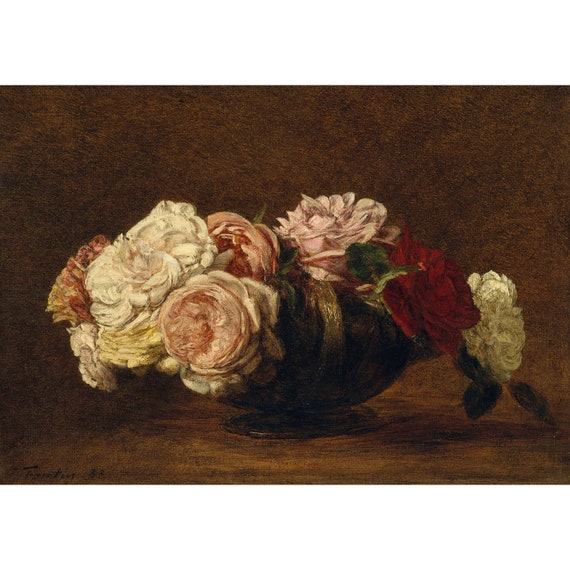 絵画　フルーツとバラ アンリ・ファンタン＝ラトゥール：鉢の中のバラ（1883年） - ジクレー
